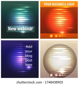 set of webinar invitation, frame vector, abstract, futuristic, orange, purple, blue, bright sparks, burst, and blasts of light, astronomy space exploration concept, vector texture