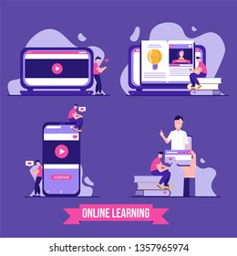 Set of webinar, online education, web education and business training. Vector illustration in flat design
