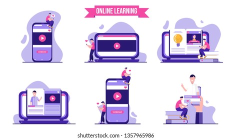 Set of webinar, online education, web education and business training. Vector illustration in flat design