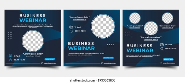 Set of Webinar Social Media post template. Modern banner with abstract gradient blue background. Vector design with place for the photo. Suitable for social media post, banners, and web internet ads.