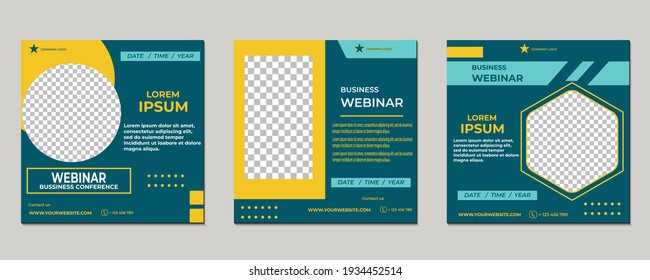 Set of webinar social media post templates for concept design. Suitable for webinars, seminars, live radio and other events. Vector graphic with green and yellow color.