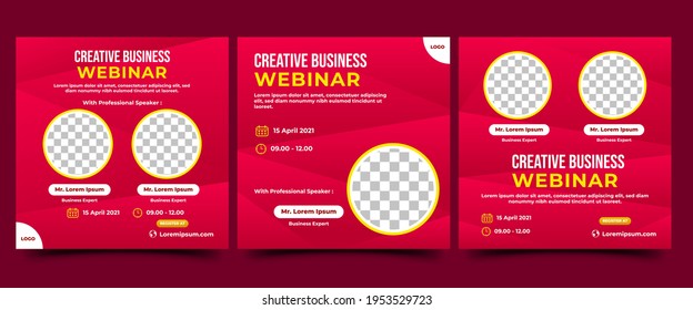 Conjunto de plantillas de publicación de Webinar Social Media. Banner moderno con fondo rojo degradado abstracto. Diseño vectorial con lugar para la foto. Adecuado para publicaciones en medios sociales, banners y sitios web