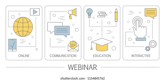 Set of webinar vertical banners. Idea of online education. Interactive communication with professional through the internet. Video conference or lecture. Flat vector illustration