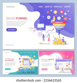 Set of webpage design templates for customer relationship, increase conversion, sales funnel. Website for sales, customer base analysis. People work with seo optimization of web page concept