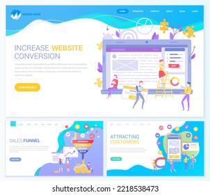 Conjunto de plantillas de página web para la atracción del cliente, aumento de la conversión, embudo de ventas. La gente trabaja con marketing, optimización de sitios web de ventas. Colegas analizan la base de clientes, el comportamiento del consumidor