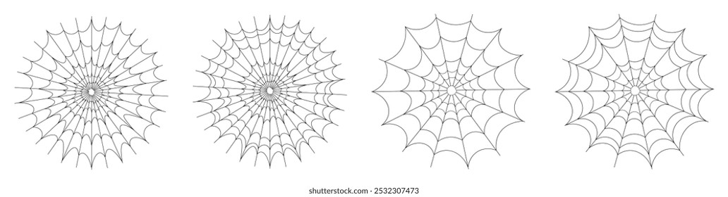 Set of webs in cartoon style. Vector illustration of spider webs from thin lines isolated on white background. The web is woven by a spider. Halloween.
