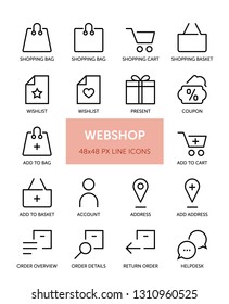 Set of Webshop related vector line icons. Contains icons such as Shopping Bag, Cart, Checkout, Shipping and more. 48x48px with editable stroke.