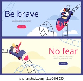 Set of website banner about roller coaster flat style, vector illustration isolated on blue background. Be brave and no fear, men and woman riding in the sky, place for text