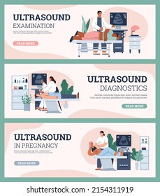 Set of website banner templates about ultrasound in pregnancy, diagnostics and examination, flat style, vector illustration isolated on mint background. Doctors and patients, place for text