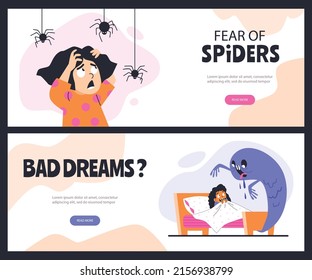 Set of website banner templates about child fear, vector illustration isolated on dark background. Girl scared of hanging spiders, kid hides under blanket from monster under bed