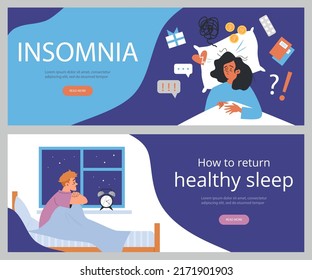 Set of website banner templates about insomnia flat style, vector illustration isolated on gray background. Exhausted people in beds, return healthy sleep, place for text