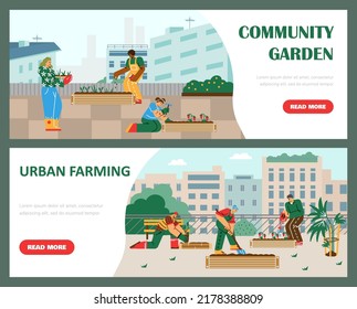 Conjunto de plantillas de banner del sitio web sobre el estilo plano de jardín comunitario, ilustración vectorial aislada en fondo verde. Agricultura urbana, niños y adultos, texto
