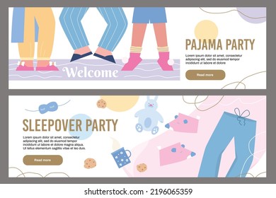 Set of website banner templates about pajama party flat style, vector illustration isolated on gray background. Sleepover party, place for text, buttons. Cute clothes, cookies and sleep accessories
