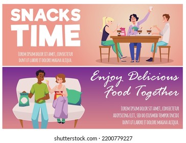 Set of website banner templates about snacking people flat style, vector illustration isolated on white background. Snacks time, enjoy delicious food together, happy characters