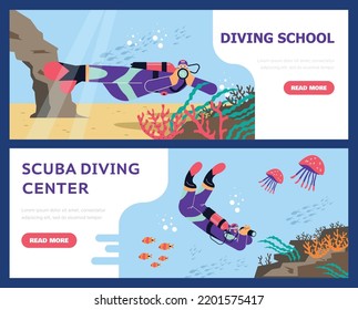 Set of website banner templates about scuba diving flat style, vector illustration isolated on blue background. School or center for people exploring underwater world in special suits