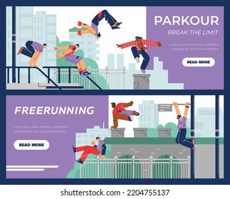 Set von Web-Banner-Vorlagen über Parkour und freischaffende flache Stil, Vektorgrafik einzeln auf blauem Hintergrund. Junge aktive Menschen, Sport, Lebensstil