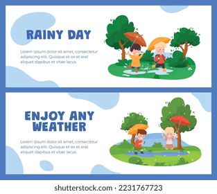 Set of website banner templates about happy kids with umbrellas flat style, vector illustration isolated on blue background. Rainy day, children enjoy any weather