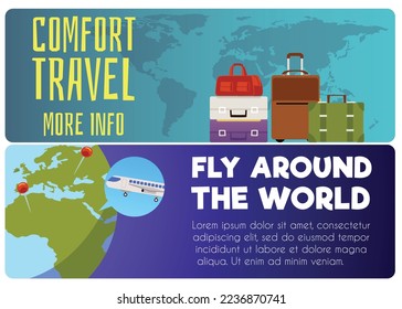 Conjunto de plantillas de banner del sitio web sobre el vuelo y el viaje de estilo plano, ilustración vectorial aislada en fondo blanco. Aeropuerto para equipaje, lugar de texto, viaje de comodidad