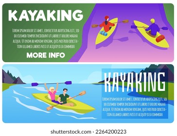 Conjunto de plantillas de banner del sitio web sobre kayak estilo plano, ilustración vectorial aislada en fondo blanco. Deporte extremo de agua, lugar de texto, diseño decorativo