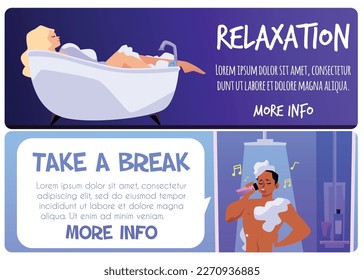 Conjunto de plantillas de banner del sitio web sobre ducha de personas de estilo plano, ilustración vectorial aislada en fondo blanco. Mujer tomando un baño relajante, hombre cantando en la ducha, lugar de texto
