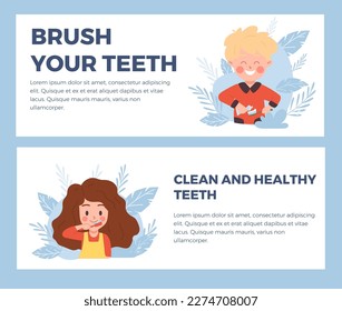 Set of website banner templates about children brushing teeth flat style, vector illustration isolated on blue background. Happy kid boy and girl, clean and healthy teeth, dental care