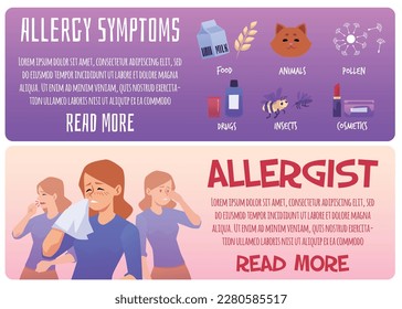 Set of website banner templates about allergy flat style, vector illustration isolated on white background. Unhealthy characters, symptoms and allergens, decorative design with place for text