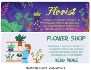 Conjunto de plantillas de banner del sitio web sobre estilo plano florista, ilustración vectorial aislada en fondo blanco. Tienda de flores, personaje de mujer, naturaleza, diseño decorativo con lugar para texto