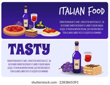 Set of website banner templates about tasty Italian food flat style, vector illustration isolated on white background. Decorative design, place for text, wine and dessert, pizza and pasta