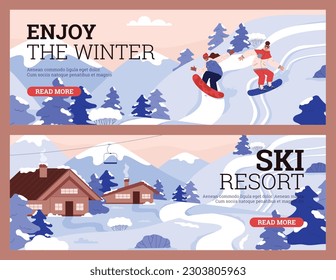 Set of website banner templates about ski resort flat style, vector illustration isolated on brown background. Enjoy winter season, snowboarding people, decorative design