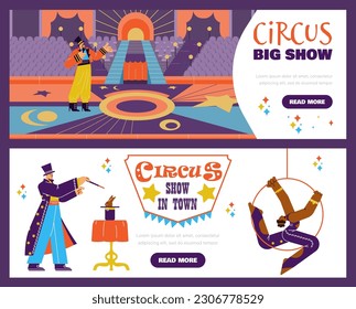 Set of website banner templates about circus big show flat style, vector illustration isolated on purple background. Decorative design with place for texts, people and animals, fun