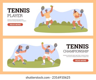 Set of website banner templates about tennis flat style, vector illustration isolated on peach background. Happy people playing tennis on lawn, decorative designs with place for text, championship