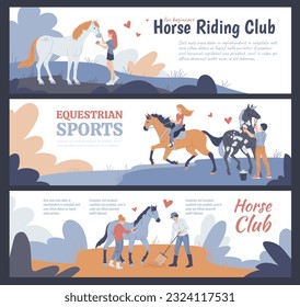 Set of website banner templates about equestrian sports flat style, vector illustration isolated on gray background. Decorative designs collection, horse riding club. People take care of horses
