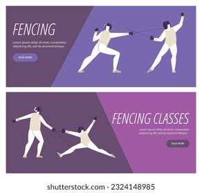 Conjunto de plantillas de banner del sitio web sobre cercas de estilo plano, ilustración vectorial aislada en fondo blanco. Personas atléticas con trajes protectores, personajes con espadas, diseños decorativos con texto