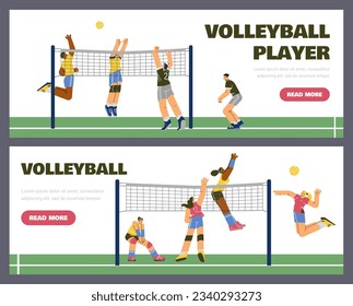 Set of website banner templates about volleyball sport game flat style, vector illustration isolated on gray background. Boys and girls playing volleyball, decorative designs collection