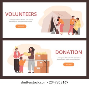 Set of website banner templates about volunteers and donation flat style, vector illustration isolated on brown background. Decorative designs with place for texts collection, kindness and care