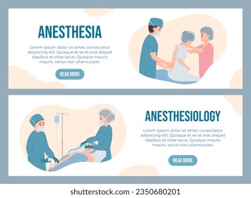 Set of website banner templates about anesthesia flat style, vector illustration isolated on blue background. Decorative designs with place for text, anesthesiology work, medicine and treatment
