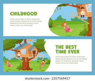 Conjunto de plantillas de banner de sitio web sobre el estilo plano de la infancia feliz, ilustración vectorial aislada en fondo azul. Colección de diseños decorativos, niños jugando en casa de árboles, mejor momento de la historia