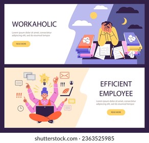Set von Web-Banner-Vorlagen über Workaholic und effiziente Mitarbeiter flach Stil, Vektorgrafik einzeln auf violettem Hintergrund. Sammlung dekorativer Designs, Zeitmanagement und Fristen