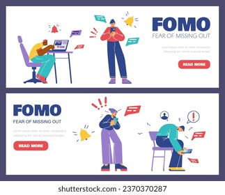 Set of website banner templates about FOMO syndrome flat style, vector illustration isolated on purple background. Decorative designs collection, emotional people