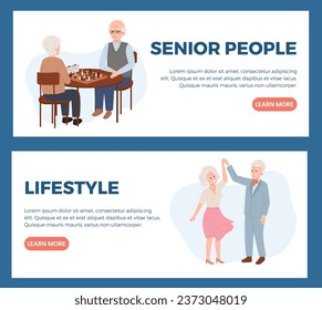 Conjunto de plantillas de banners de sitios web sobre el estilo de vida de los ancianos, ilustración vectorial aislada en el fondo azul. Diseños decorativos con lugares para textos, adultos felices, ocio, ajedrez y baile