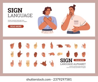Set of website banner templates about sign language and alphabet flat style, vector illustration isolated on beige background. Decorative designs collection, people communicate with gestures