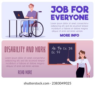Set of website banner templates about disabled people working flat style, vector illustration isolated on white background. Decorative designs with places for texts, teacher and freelancer