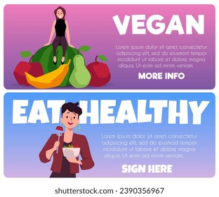 Conjunto de plantillas de banner del sitio web sobre el estilo plano de las personas veganas, ilustración vectorial aislada en fondo blanco. Diseños decorativos con lugar para el texto, comida fresca saludable