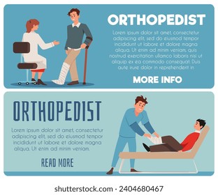 Set of website banner templates about orthopedist working flat style, vector illustration isolated on white background. Decorative designs with place for text, smiling doctors and patients