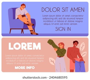 Conjunto de plantillas de banners de sitios web sobre personas vestidas con estilo plano, ilustración vectorial aislada en fondo blanco. Diseños decorativos con lugar para la recolección de textos, belleza y moda