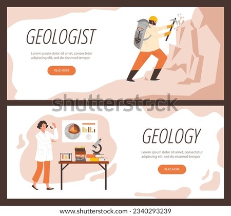 Set of website banner templates about geology flat style, vector illustration isolated on brown background. People working outdoor and at laboratory, science, decorative designs collection [[stock_photo]] © 