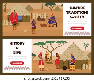 Set of website banner templates with African tribal people flat style, vector illustration isolated on brown background. Decorative designs, culture traditions society, history and life