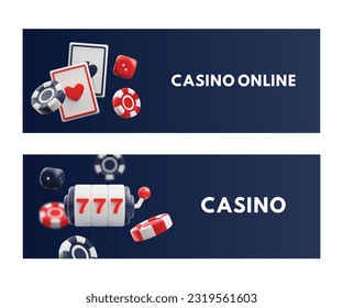 Set of website banner templates for casino online 3D style, vector illustration isolated on white background. Decorative designs collection, red and black casino chips, cards and dices