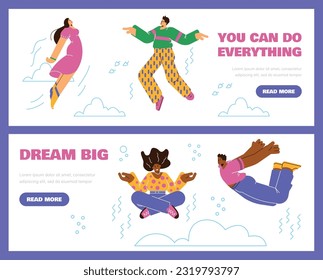 Set of website banner templates with flying people flat style, vector illustration isolated on blue background. Dreams and motivation, decorative design with place for text, creativity