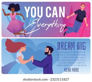 Set of website banner templates with flying people flat style, vector illustration isolated on white background. Happy inspired men and women, motivation, dream big and you can do everything text